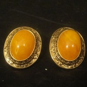 Ornate Gold Tone Egg Yolk Stone Pierced Earrings